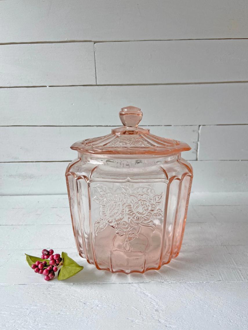 Depression Glass Cookie or Cracker Jar in the Mayfair or Open Rose