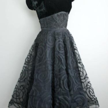 1950s - Larry Aldrich - Black Cocktail - Black Party Dress - Velvet Botice - Soutache Netted Skirt 