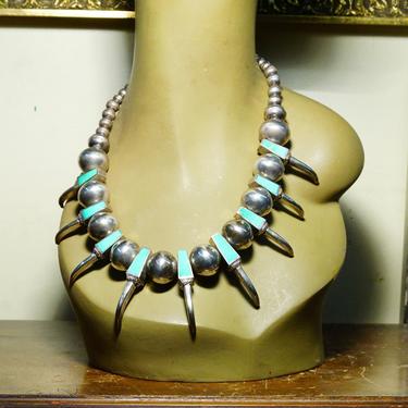 Vintage Native American Sterling Silver Turquoise Bear Claw Necklace, Handmade, Turquoise Inlay, Chunky Beads, Old Pawn Jewelry, 20 1/2&amp;quot; 