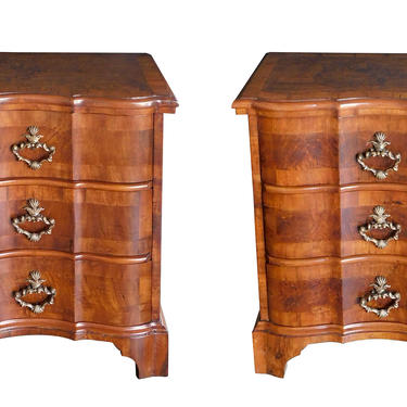 Pair of Continental Baroque Style Walnut 3-Drawer Arbalète-form Commodes
