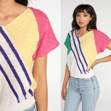 80s Knit Top Color Block Shirt Short Sleeve Sweater Top Retro Tee Vintage 1980s White Pink Green Yellow Bright Top Medium 