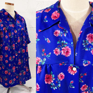 Vintage Snap Front Shirt Haband Mod Blouse Pockets Oversized Comfy Flowy Top Short Sleeved Floral Flowers Plus Size Volup 4XL 4X XXXXL 