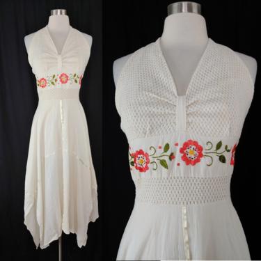 Vintage Boho White Handkerchief Hem Halter Dress with Embroidery and Smocked Back - Small Summer Sundress 70s Hippie Bohemian Dress 