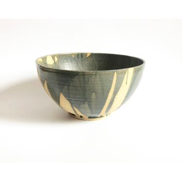 Large Vintage Muted Green Drip Pottery Bowl 