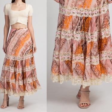 Vintage Les Gonzesses de Paris Lace Tiered Maxi Skirt - Large | 90s Boho High Waist Hippie Skirt 