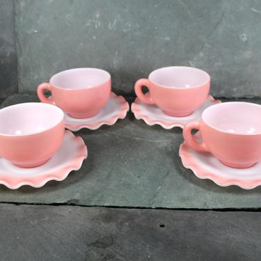 Hazel Atlas Cups and Saucers - Gorgeous Peach/Pink Glass Cups &amp; Saucers - 4 Cups  4 Crinoline Edge Saucers | FREE SHIPPING 