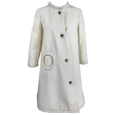 Pierre Cardin 1960s Off White Wool Coat with Metal Toggle Clasps Circle Pocket