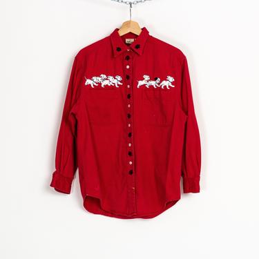 90s 101 Dalmatians Red Button Up Shirt - Men's Small | Vintage Cotton Twill Disney Embroidered Puppies Long Sleeve Top 