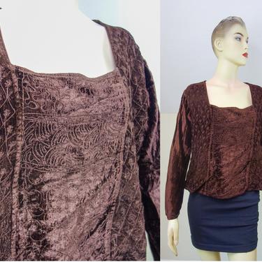 Vintage 90s embroidered boxy top size small or medium, flare long sleeve velour earthy witchy hippie pullover loose shirt made in india 