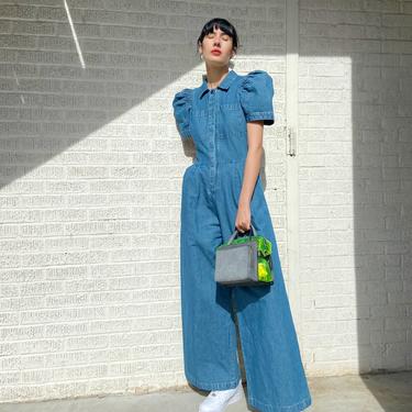 SEA NEW YORK Medium Denim Pouf Sleeve Wide Leg Jumpsuit MOSS Designer Consignment Austin and San Antonio TX