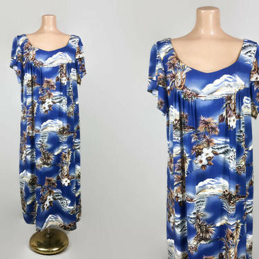 VINTAGE 1980s Hilo Hattie Hawaiian Ukulele Print Muumuu Dress | 80s Tropical Kaftan | Split Tulip Sleeves | Rayon Luau Swim Cover Up XL 