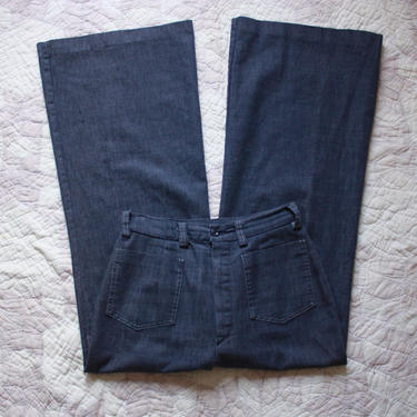 70s Dark Wash Flared Jeans Navy Style Patch Pocket Bell Bottoms 