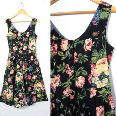 Vintage 90s Cotton Floral Bow Back Summer Dress With Pockets Size M 