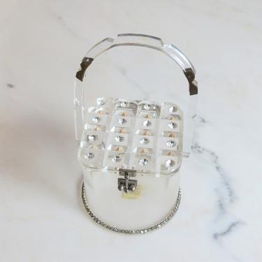 Vintage 1950s lucite purse with rhinestones, Myles, clear, collectible, bag, handbag, wedding, formal, gift 