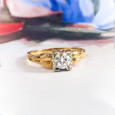 Vintage Diamond Engagement Ring Circa 1940's .27ct Antique Old European Cut Solitaire Wedding Promise Ring 14k Two Tone Yellow White Gold 