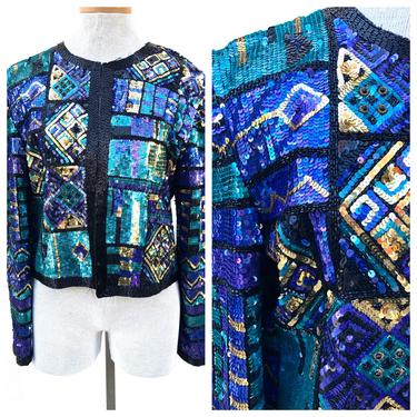 Vintage VTG 1980s 80s Blue Green Gold Beaded Sequined Cardigan Top 