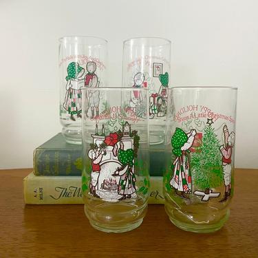 Set of 4-- Vintage 1980 Holly Hobbie and Robby &amp;quot;Deck the Halls with Holly&amp;quot; Series, Retro Holiday Christmas Kitchen 