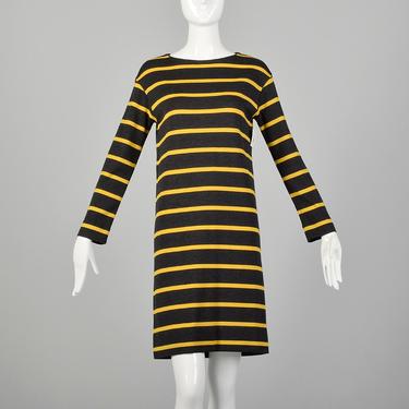 Small 1960s Goldworm Mod Dress Long Sleeve Wool Knit Gray Yellow Stripe 