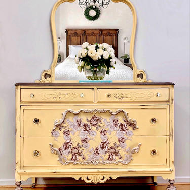 Lovely vintage dresser, floral, yellow, chest of drawers, hand painted 
