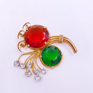 Leo Glass Red and Green Large Crystal Brooch 