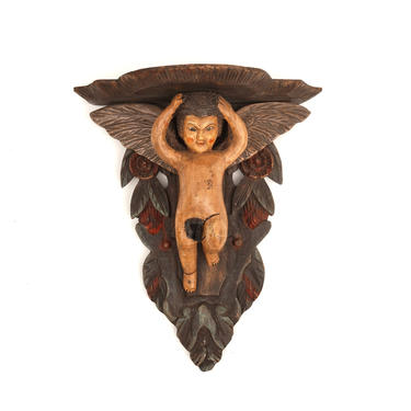 Hand-Carved Victorian Putti Angel Wall Shelf | Large Demilune Nude Winged Angel Wall Display | Religious Gothic Dimensional Decor 