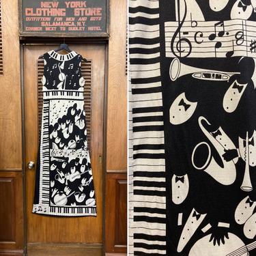 Vintage 1960‘s Paganne Music Band Piano Mod Pop Art Novelty Print Maxi Dress, Paganne, Music Print, Neiman Marcus, 1960’s Maxi Dress, Mod 