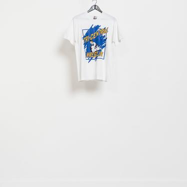 WRESTLING GRAPHIC TEE Vintage Sports White Cotton Crew Neck Short Sleeve 90's Oversize / Kids Large 