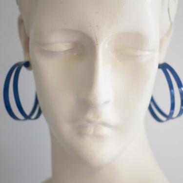 1980s Dark Blue Painted Metal Double Hoop Pierced Earrings 