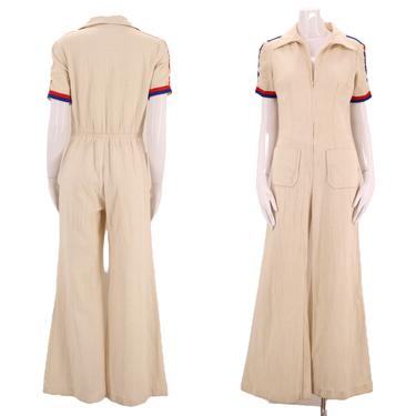 70s gauze cotton cream bell bottoms jumpsuit 8 / vintage 1970s fitted jumpsuit one piece M 