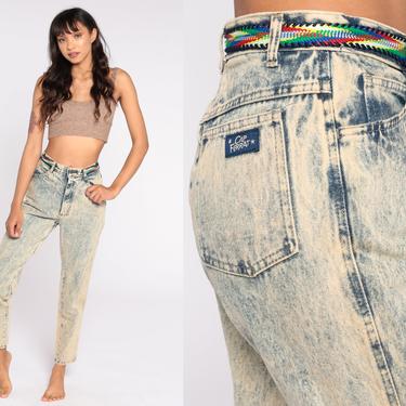 Acid Wash Jeans 90s Mom Jeans Blue Yellow Denim High Waist Jeans 80s Tapered High Waisted Denim Pants Skinny Vintage Small 26 