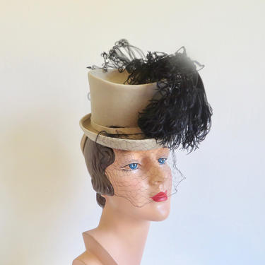 Vintage 1940's Gray Felt Tilt Topper Hat Black Ostrich Feather Plume Veil Trim Riding Style  New York Creation Austelle Hats 40's Millinery 