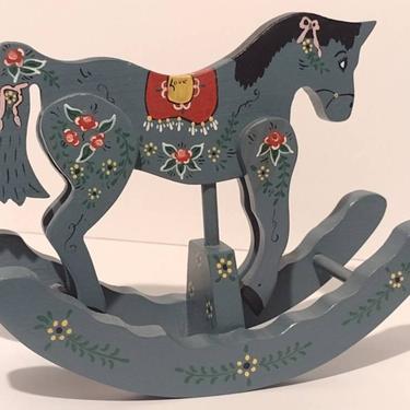 Vintage Hancrafted Signed Painted Wood Rocking Horse Toy Nursery Country Farmhouse Folk Art 11" 