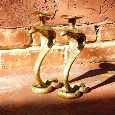 Vintage Rare Solid Brass Cobra Candlestick Holders, Pair Of Textured Standing Brass Snake Candle Stands, Figure-8 Coil Base, 9&amp;quot; H 