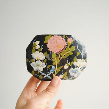 Vintage Black Hand Painted Trinket Box, Paper Mache Floral Painted Box with Lid,  Lacquered Box, Small Box, Box from Kashmir, India 