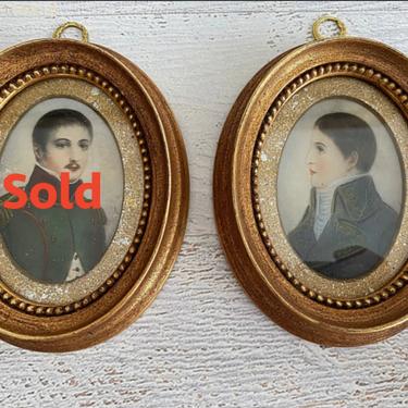 Antique portrait miniature painting Georgian young gentlemen in finery & military uniform hand painted ivory miniature portrait 