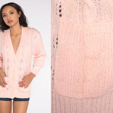Pink Cardigan Sweater 80s Pointelle Grandma Open Weave Sheer Baby Pink Pastel Cable Knit Sweater Vintage Acrylic Knit 1980s Slouchy Small S 