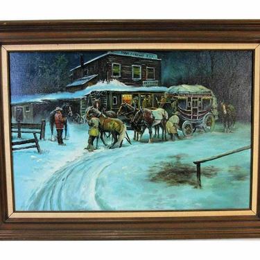 Painting, Oil on Canvas, 'Wells Fargo Stagecoach&quot;, Awesome Snow Scene Painting!