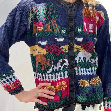 Vintage Cardigan / Novelty Embroidered Sweater / Animal Embroidery / Wholesome Little Farm Scene Sweater / Cotton Ramie Cardigan 
