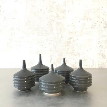 SHIPS NOW- Seconds Sale- set of 4 ceramic Ribbed Aspirator mini bud vases glazed in a dark grey gloss by sarapaloma pottery 