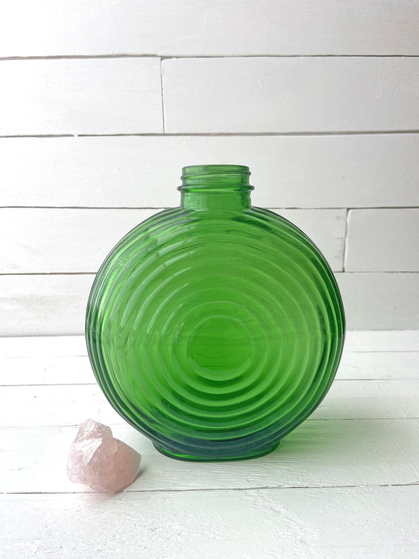 Vintage Green Depression Glass Ribbed Refrigerator Water Bottle w/Meta