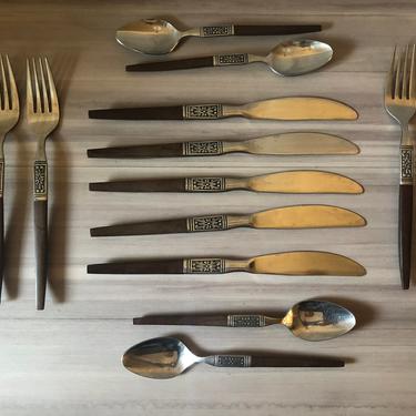 Vintage 12 piece Interpur Stainless Steel w/ Wood Handle Flatware, Mid Century Modern Flatware 