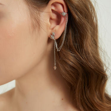 Laila silver Long Chain Threader Ear Cuff Earring, Crystal Drop Threader Earring, link chain ear cuff, link chain earring, chain earring 
