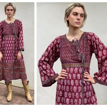 1970's Anokhi Indian Cotton Dress / Quilted Bodice Wrap Style Dress / Printed Red Midi Dress with Bell Sleeves / Festival Wear 