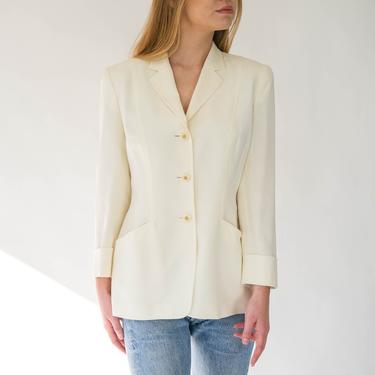 Vintage 80s MONDI Ivory Three Button Rayon &amp; Cotton Blend Cropped Blazer w/ Gold Star Buttons | Made in Germany | 1980s Designer Boho Jacket 
