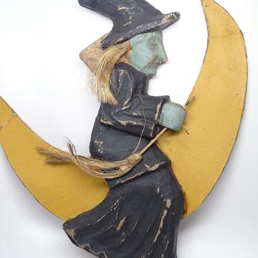 Antique Paper Mache Halloween Witch on Moon, Vintage Decor 