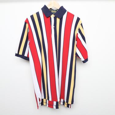 vintage 1990s y2k COLOR BLOCK tri-color striped vintage henley polo shirt -- size medium 