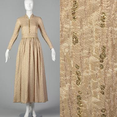 XXS Silk Metallic Dress Long Sleeve Mollie Parnis Boutique Ivory Gold Pockets 70s Vintage Dress Party Formal Gown Matching Belt 
