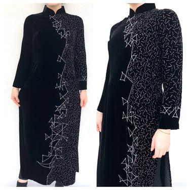 Vintage VTG 1990s 90s Black Velvet Glitter Vietnamese Ao Dai Maxi Dress 