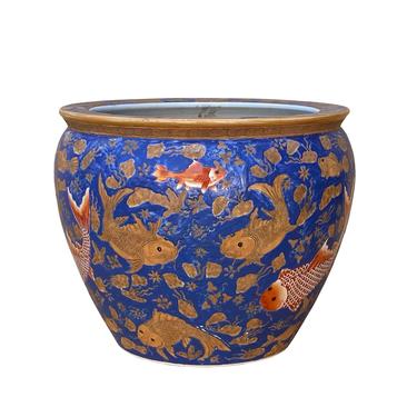 Chinese Oriental Vintage Porcelain Blue Golden Fishes Graphic Pot ws1631E 