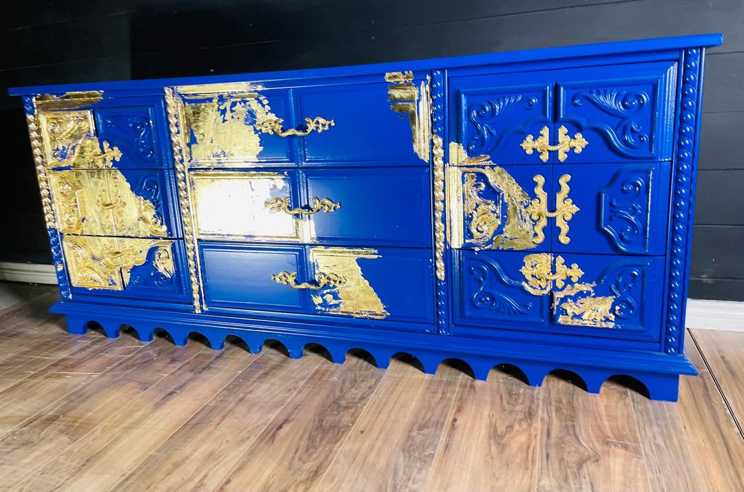 Stunning Royal Blue with Gold Leaf Dresser Console Credenza solid The Dresser Shoppe Dallas, TX